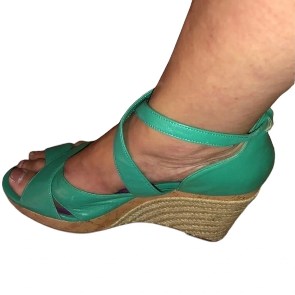 Cole Haan size 10 green ankle wrap wedge genuine leather THE JILLIAN
